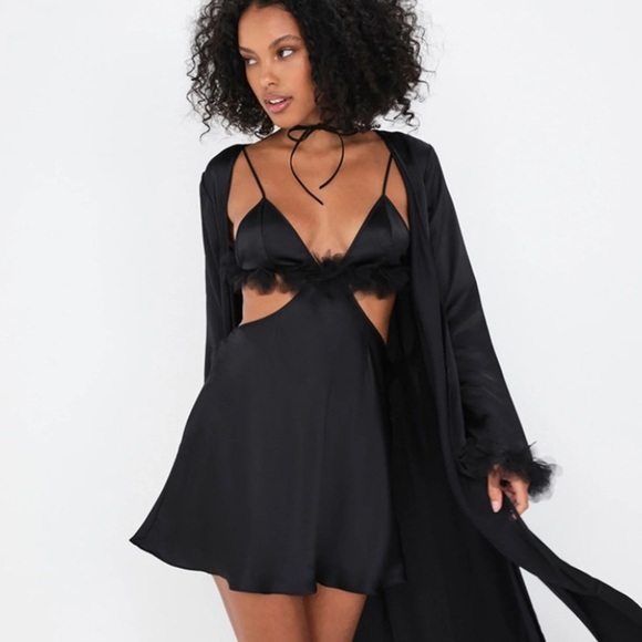 New! For love and lemons satin cutout tulle trim mini slip dress 27805 - Picture 2 of 10